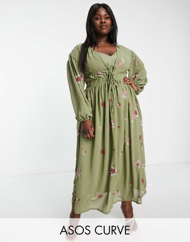 ASOS Curve - ASOS DESIGN Curve soft all over embroidered maxi dress in khaki