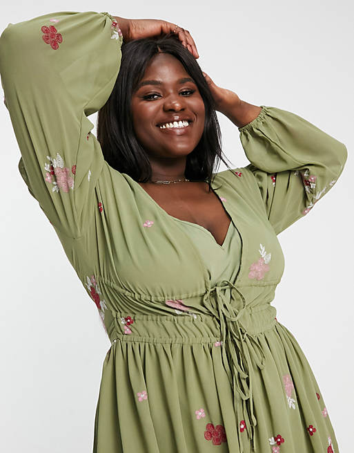 ASOS DESIGN Curve soft all over embroidered maxi dress in khaki | ASOS