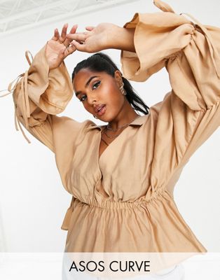 ASOS DESIGN Curve soft blouse with volume tie sleeve in coffee brown