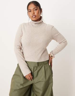 ASOS Curve ASOS DESIGN Curve soft cotton seam detail roll neck in oatmeal marl-Neutral