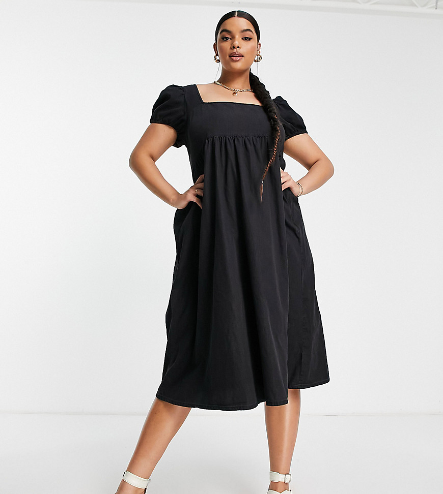 Plus-size dress by ASOS DESIGN Thanks it%27s ASOS Square neck through to back Puff sleeves Tie detail to reverse Midi length Regular fit