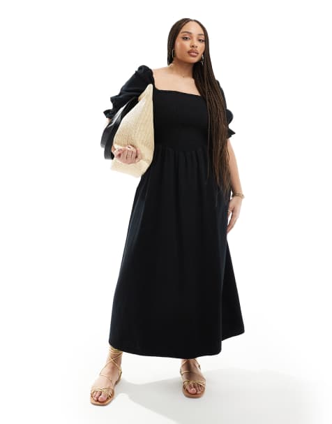 Curves Black Shirred Square Neck Midi Dress