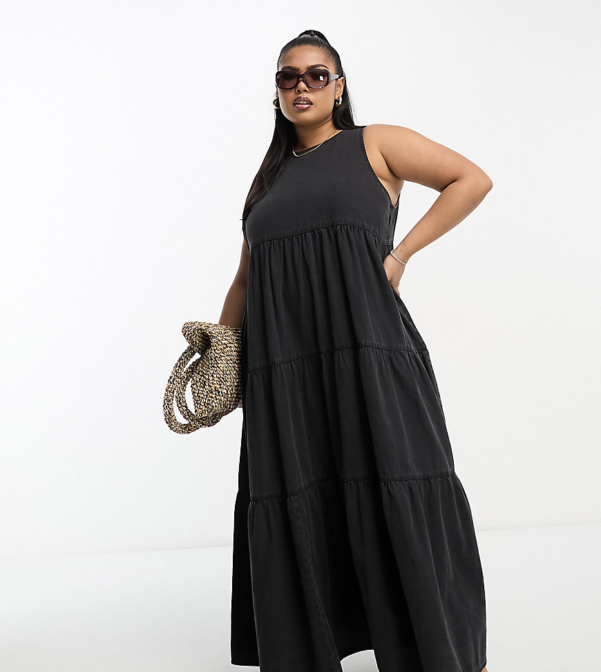 ASOS DESIGN Curve soft denim midi dress with tiered hem in washed black