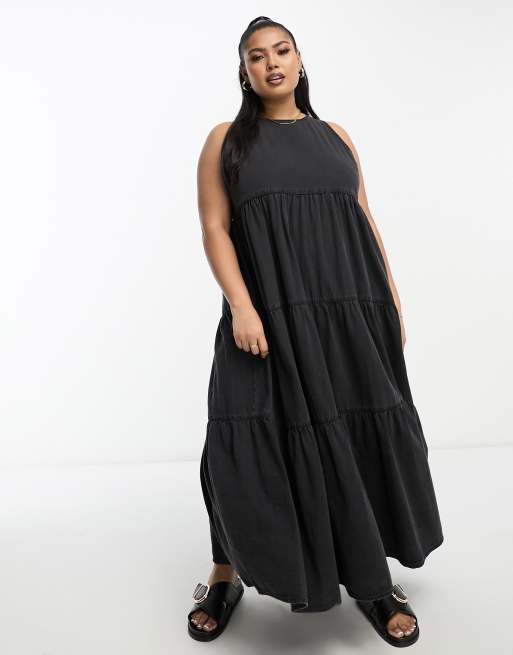 ASOS DESIGN Curve soft denim midi dress with tiered hem in washed black, 4 of 4