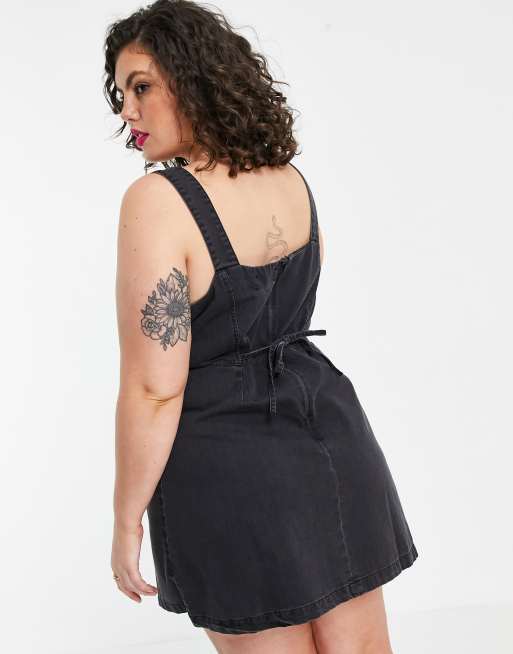 DTT Plus Denim Pinafore Dress With Tie Waist In Light Blue, 50% OFF