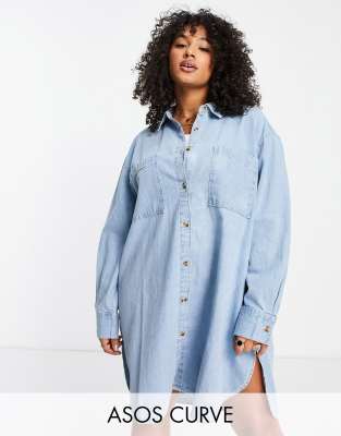 ASOS DESIGN Curve soft denim oversized shirt dress in mid wash