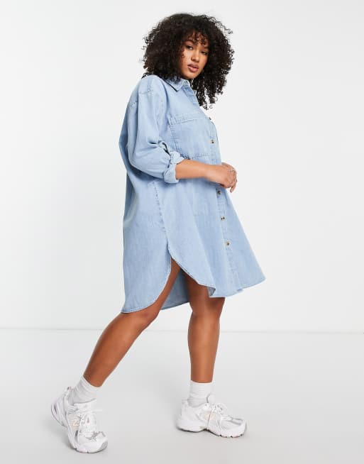 ASOS DESIGN Curve soft denim oversized shirt dress in mid wash