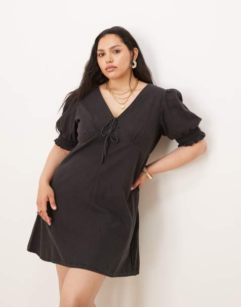 ASOS DESIGN Curve soft denim puff sleeve mini dress with frill detail in wash black - view 1