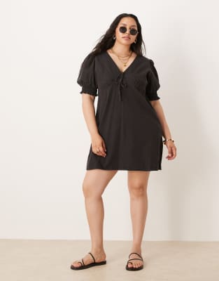 Asos Curve Asos Design Curve Soft Denim Puff Sleeve Mini Dress With Frill Details