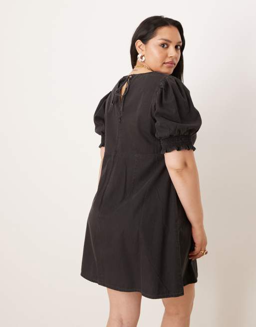 ASOS DESIGN Curve soft denim puff sleeve mini dress with frill details in washed black