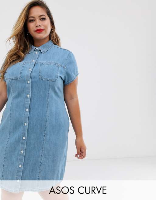 ASOS DESIGN Curve soft denim short sleeve shirt dress midwash blue | ASOS