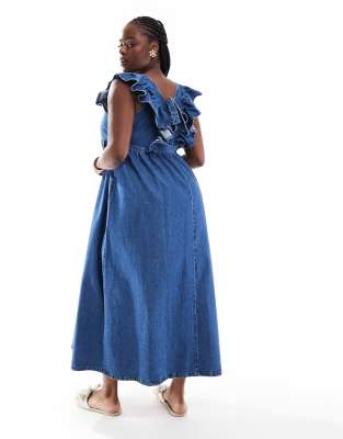 Asos Curve Asos Design Curve Soft Denim Smock Maxi Dress With Bow Back In Midwash Blue