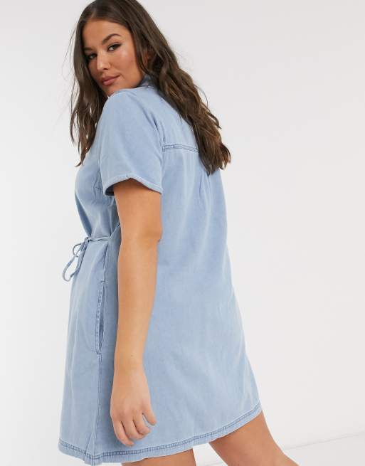 ASOS DESIGN Curve soft denim smock shirt dress in midwash blue, 2 of 4