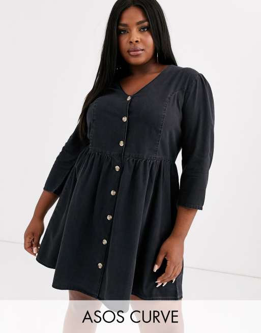 ASOS DESIGN Curve soft denim tea dress in black | ASOS