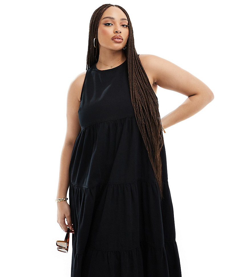 ASOS DESIGN Curve soft denim tiered maxi dress in black