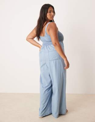 Asos Curve Asos Design Curve Soft Denim Wide Leg Jumpsuit With Shirred Body