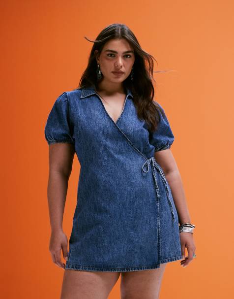 ASOS DESIGN Curve soft denim wrap dress in midwash blue - view 1