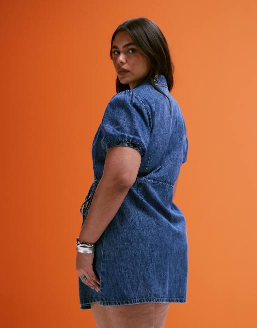 ASOS DESIGN Curve soft denim wrap dress in midwash blue