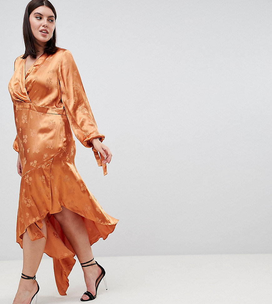 ASOS DESIGN Curve soft floral jacquard midi dress with asymmetric hem-Orange