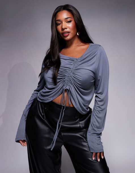 ASOS DESIGN Curve soft handle long sleeve top with front asymmetric ruching in slate blue - view 1