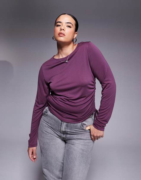 ASOS DESIGN Curve soft handle long sleeve top with ruched sides in burgundy - view 1