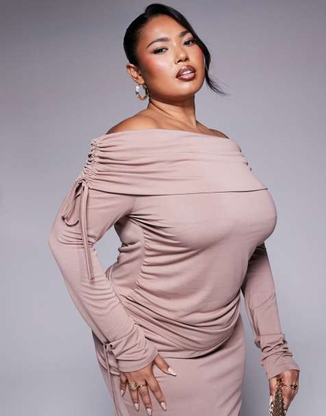 ASOS DESIGN Curve soft handle off shoulder ruched long sleeve top in mink - view 1