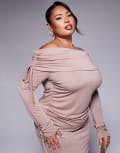 [ASOS Curve] ASOS DESIGN Curve soft handle off shoulder ruched long sleeve top in mink-Purple XL Mink