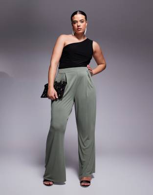 ASOS Curve ASOS DESIGN Curve soft handle pleated wide leg trousers in khaki-Green