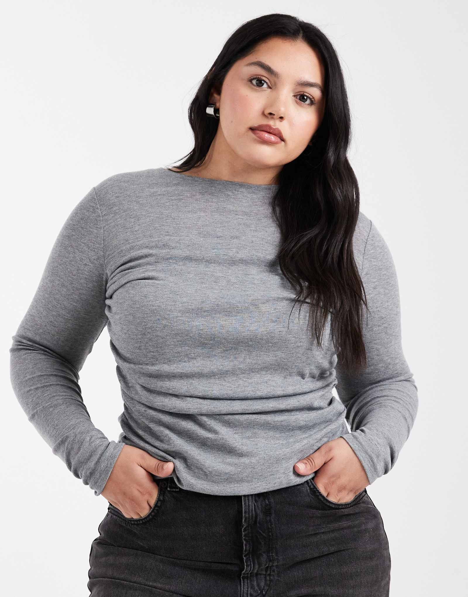 Топ с длинными рукавами из мягкого джерси с драпировкой ASOS DESIGN Curve цвета серого вереска