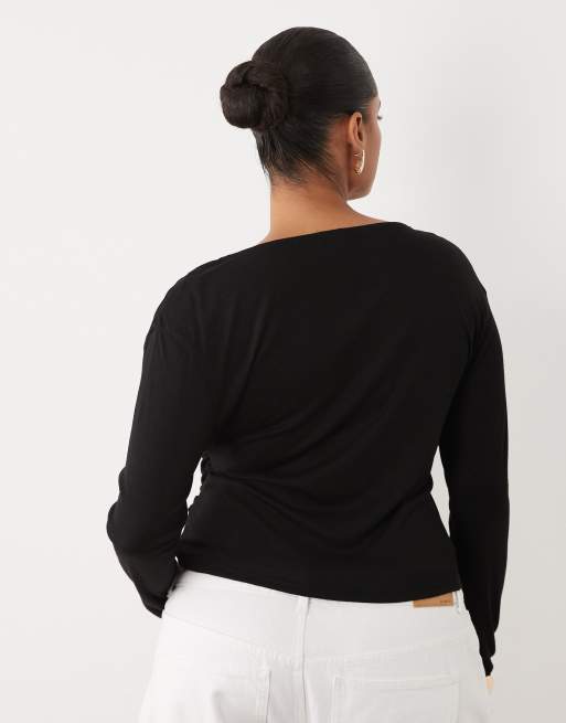 ASOS DESIGN Curve soft jersey drape wrap long sleeve top in black, 4 of 4