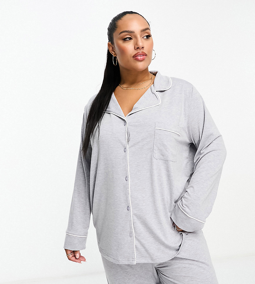 Asos Curve Asos Design Curve Soft Jersey Long Sleeve Shirt & Pants Pajama Set With Contrast Piping In Gray Heat