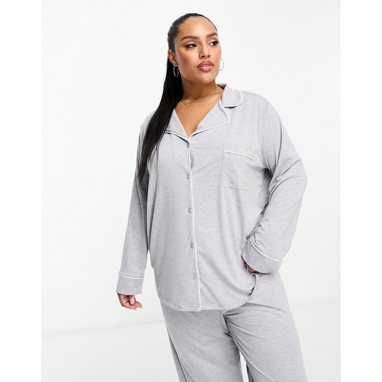 ASOS DESIGN Curve soft jersey long sleeve shirt & pants pajama set with  contrast piping in gray heather