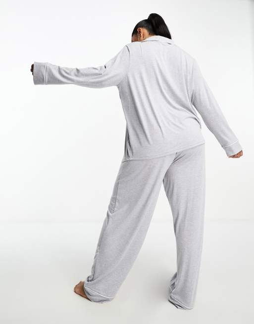 ASOS DESIGN soft jersey long sleeve shirt & pants pajama set with contrast  piping in heather gray