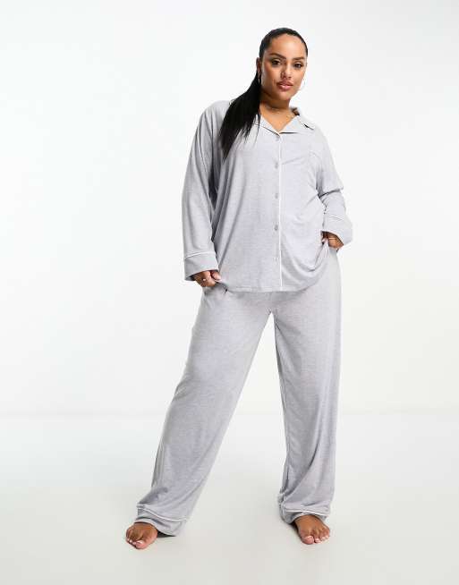 ASOS DESIGN Curve soft jersey long sleeve shirt & pants pajama set