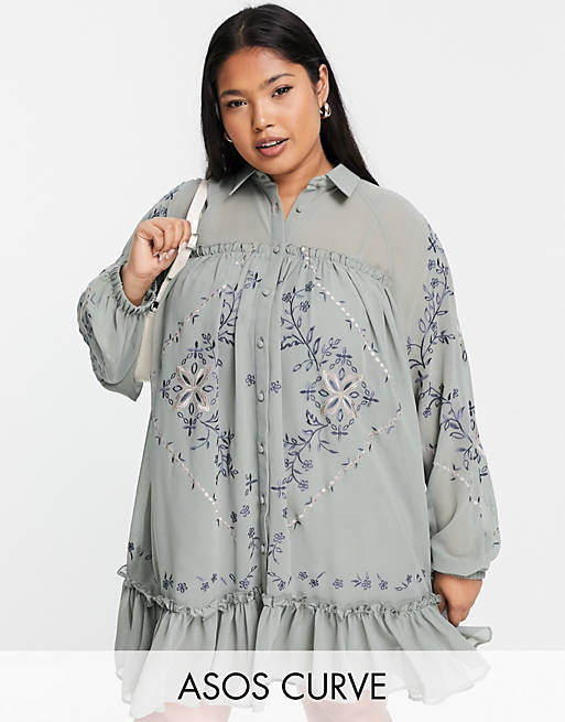  Curve soft mini smock shirt dress with embroidery in green 