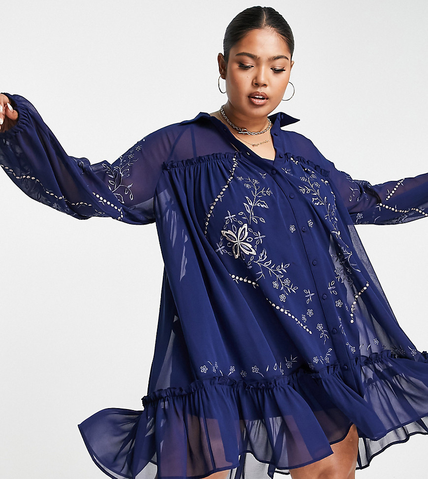ASOS DESIGN Curve soft mini smock shirt dress with embroidery in navy