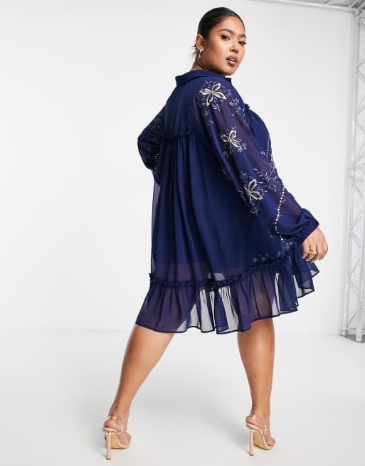 ASOS DESIGN Curve soft mini smock shirt dress with embroidery in navy ASOS