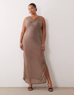 Asos Curve Asos Design Curve Soft Semi-sheer Column Maxi Dress With Twisted Bust Detail In Neutral