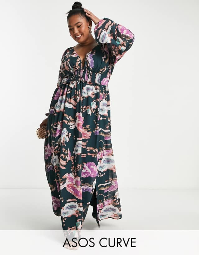 ASOS DESIGN Curve soft shirred waist maxi dress in black based floral