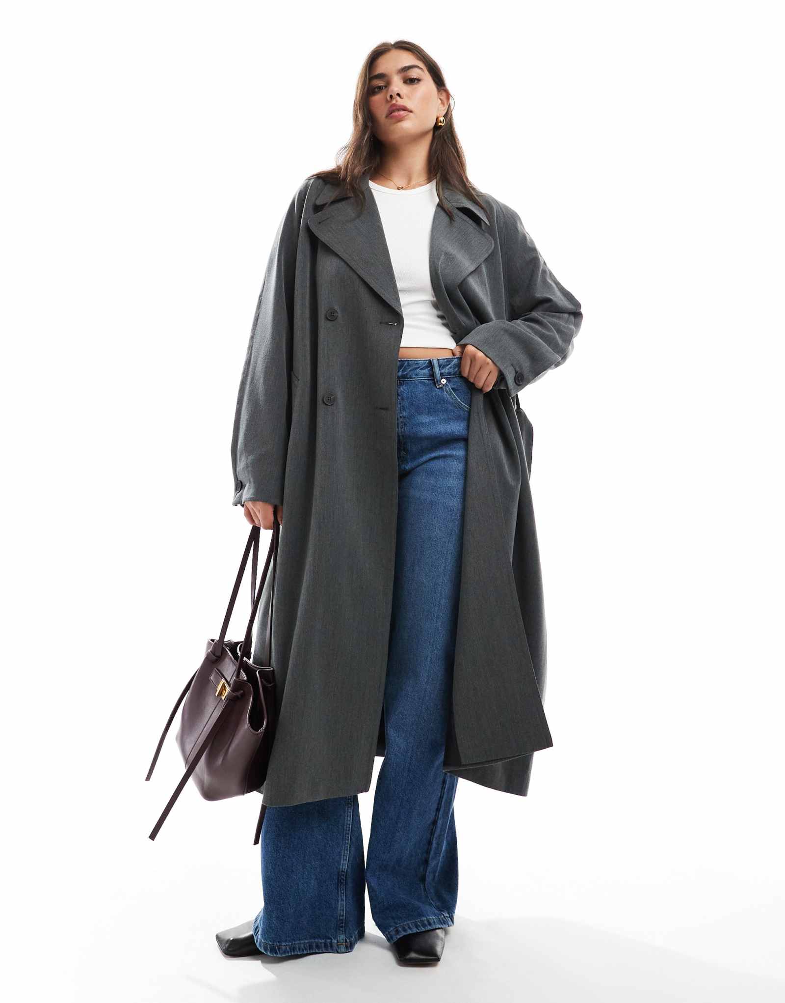  Мягкий приталенный тренч ASOS DESIGN Curve темно-серого цвета