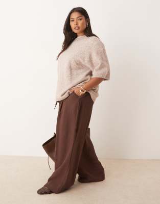 Asos Design Curve Soft Texture Wide Leg Pants With Contrast Stitch In Brown