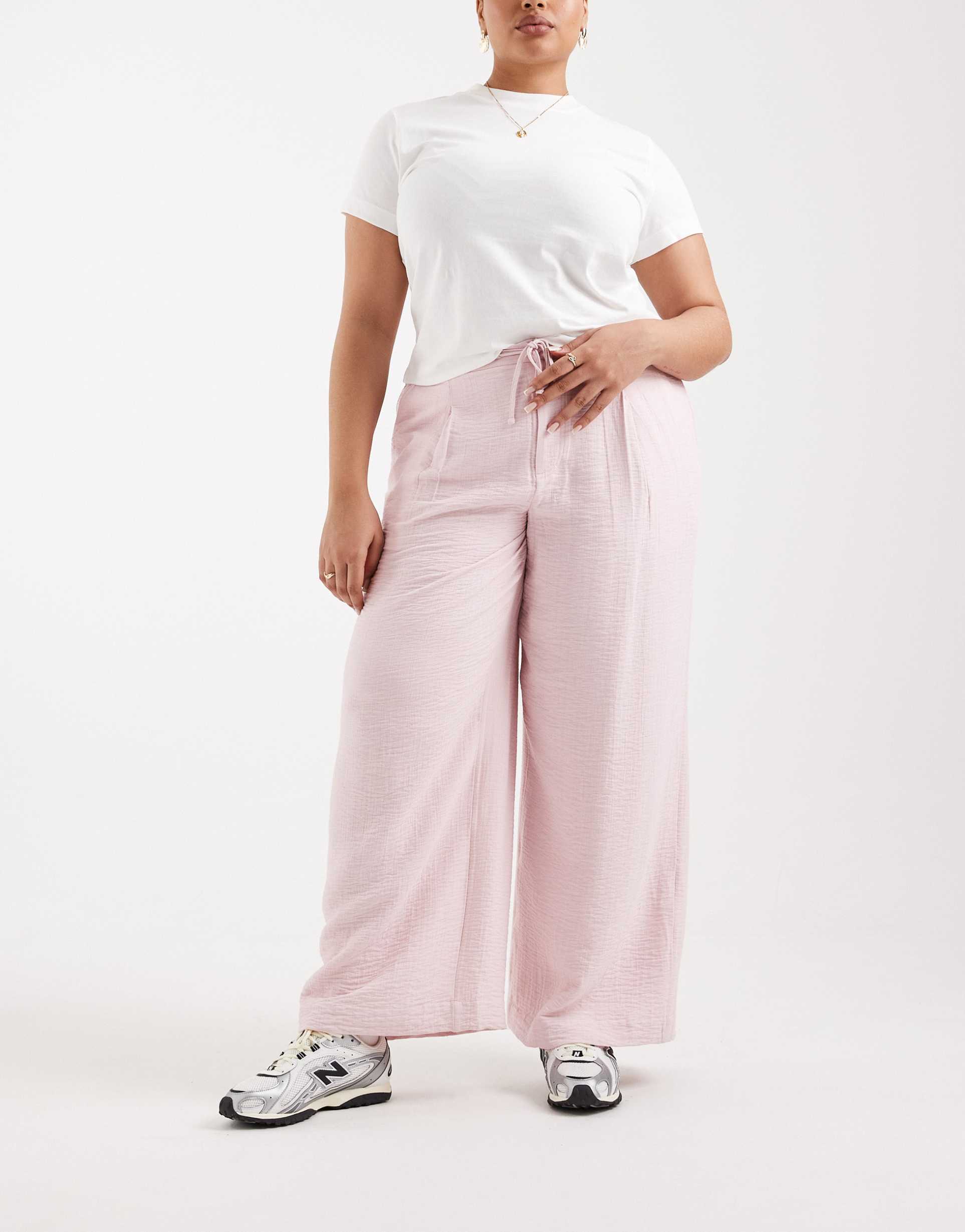 asos design curve soft textured wide leg pants in pink