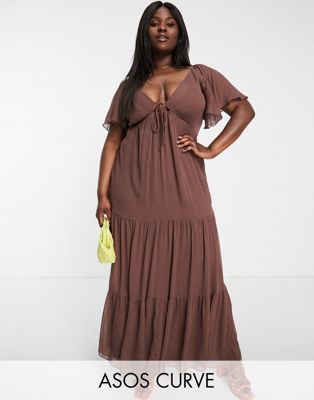 ASOS DESIGN Curve soft tiered maxi dress with tie front in brown