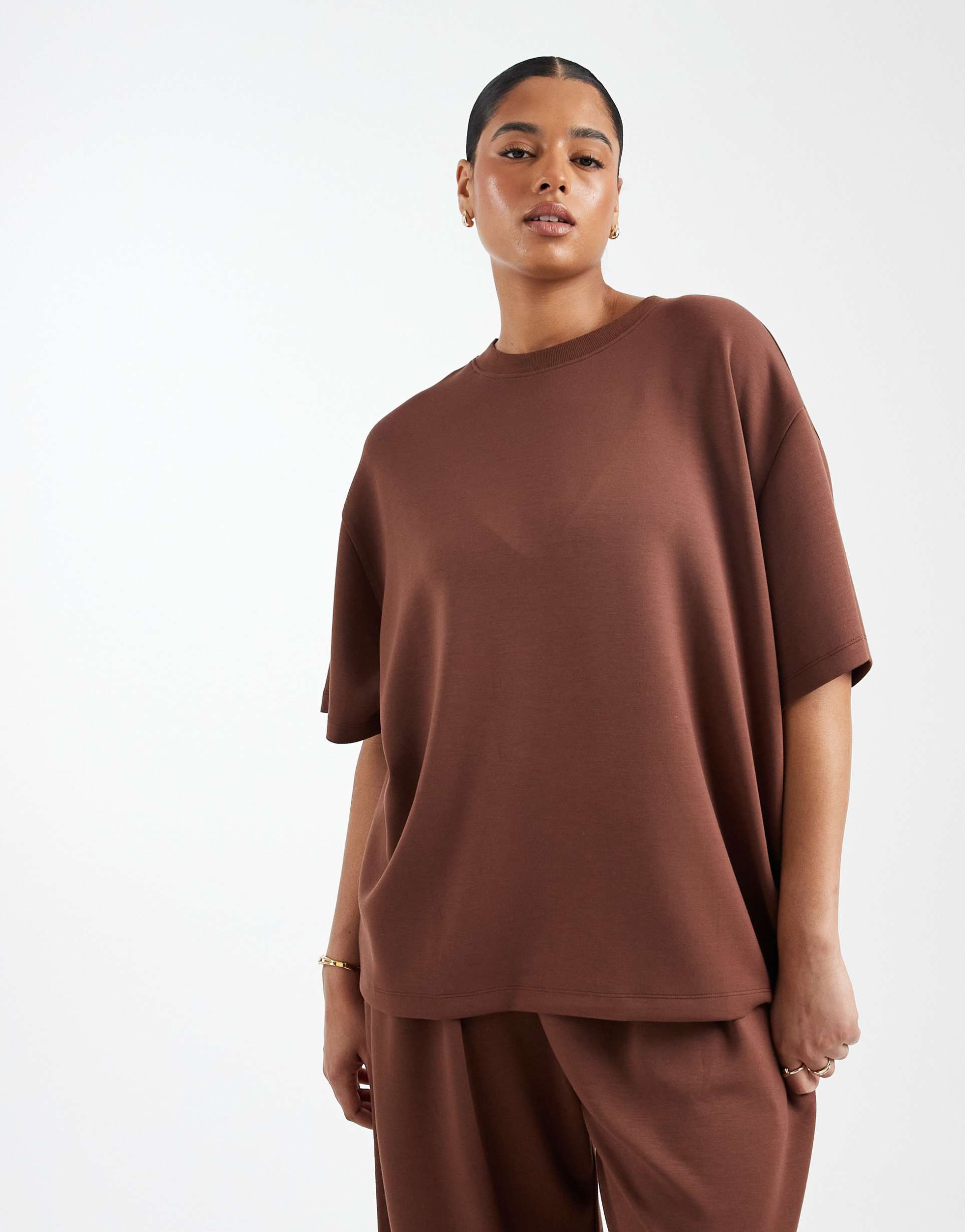 asos design curve soft touch cupro oversized t-shirt in chocolate