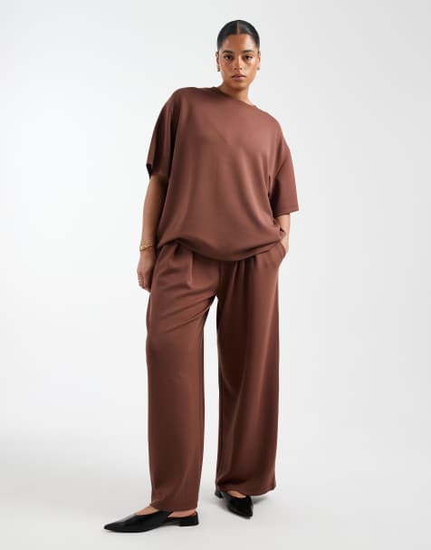 ASOS DESIGN Curve soft touch cupro super wide leg jogger in chocolate