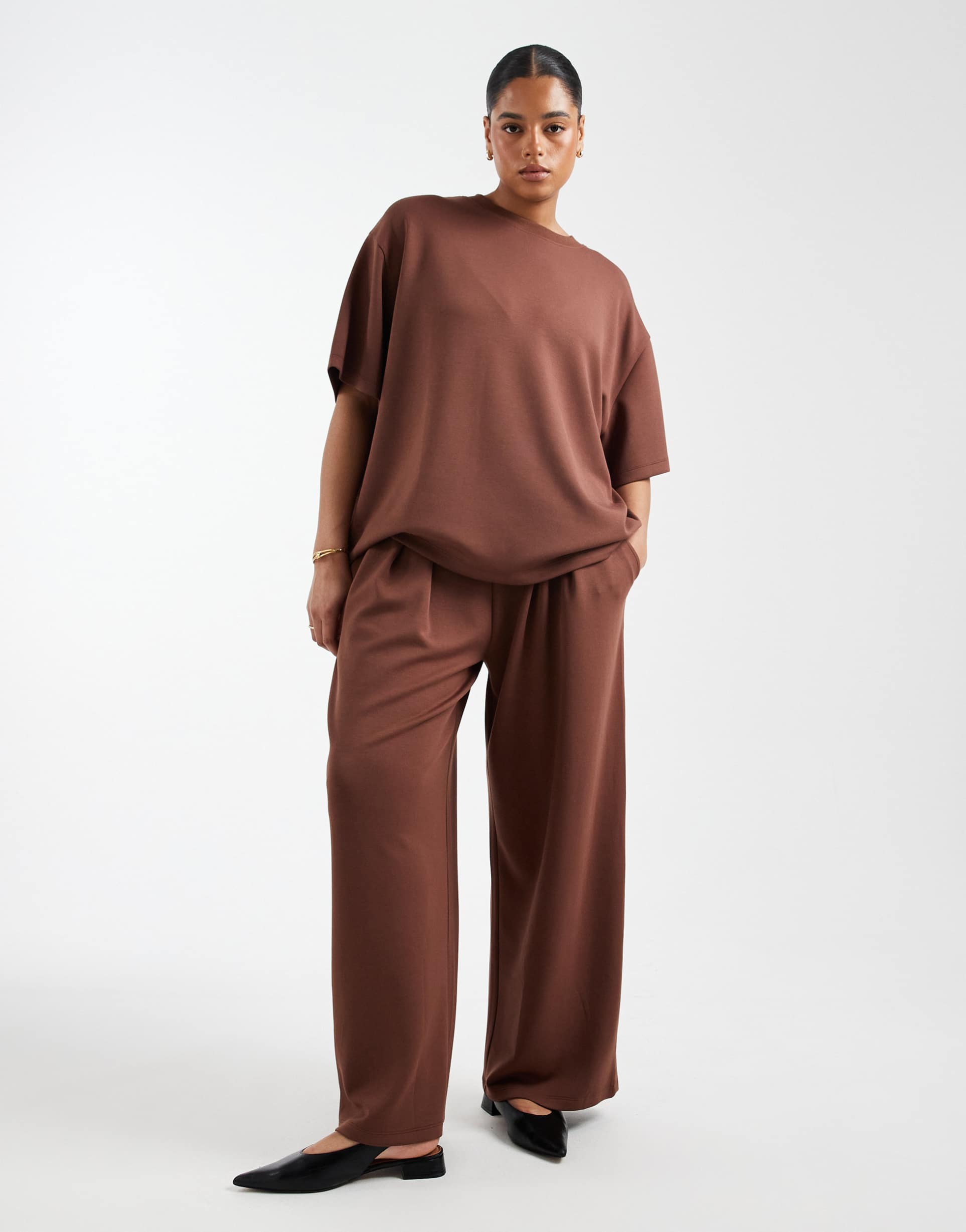 asos design curve soft touch cupro super wide leg sweatpants in chocolate