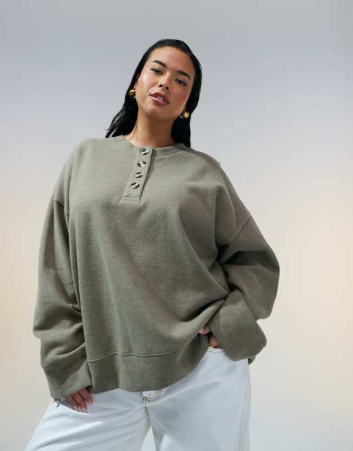 ASOS DESIGN Curve soft touch oversized henley jumper in taupe marl