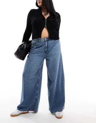 Asos Design Curve Soft Wide Leg Jean In Mid Blue