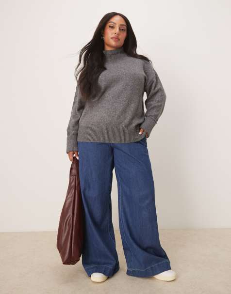 ASOS DESIGN Curve soft wide leg jean with clean front in rinse - view 1