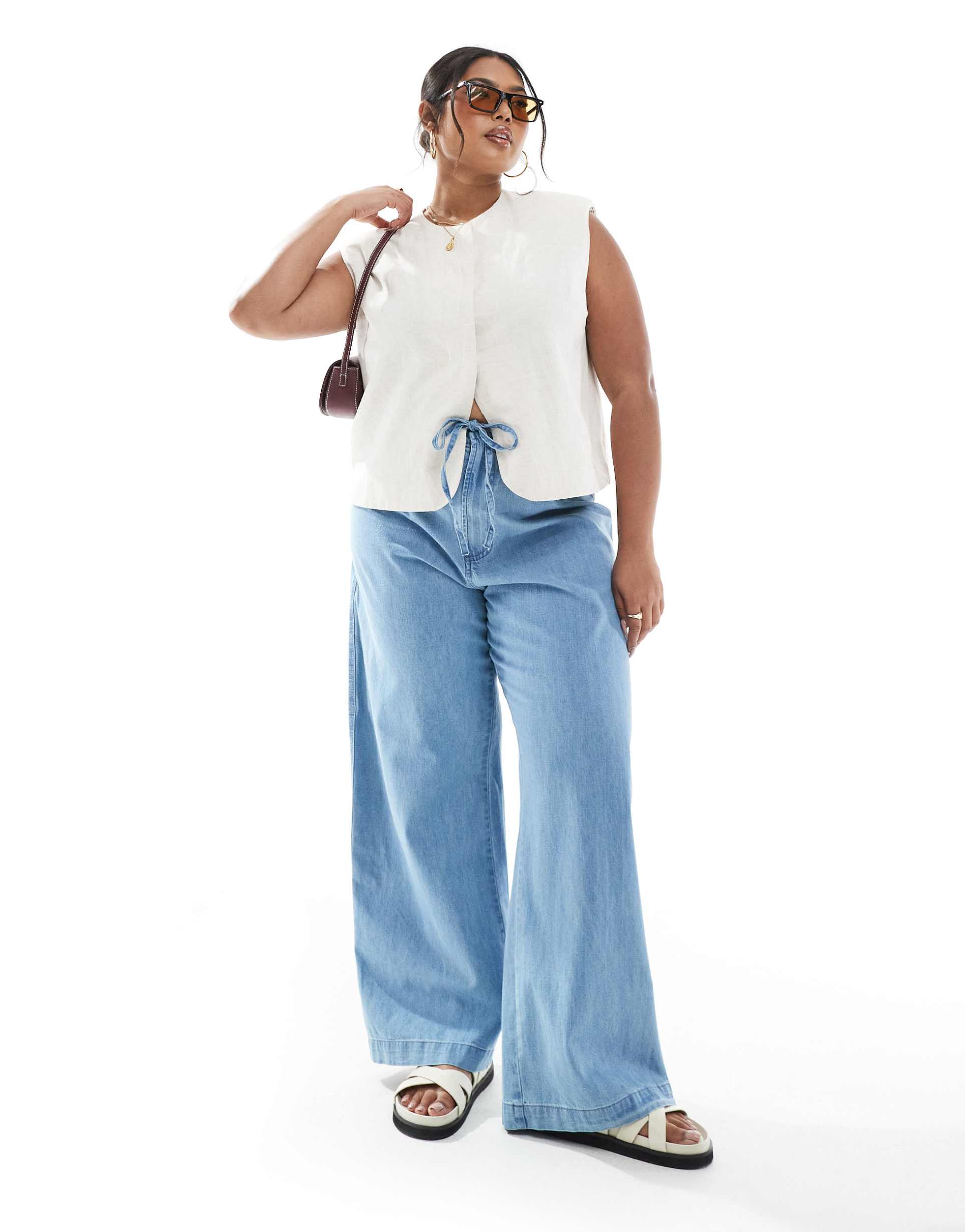 asos design curve soft wide leg jean with tie waist in mid blue